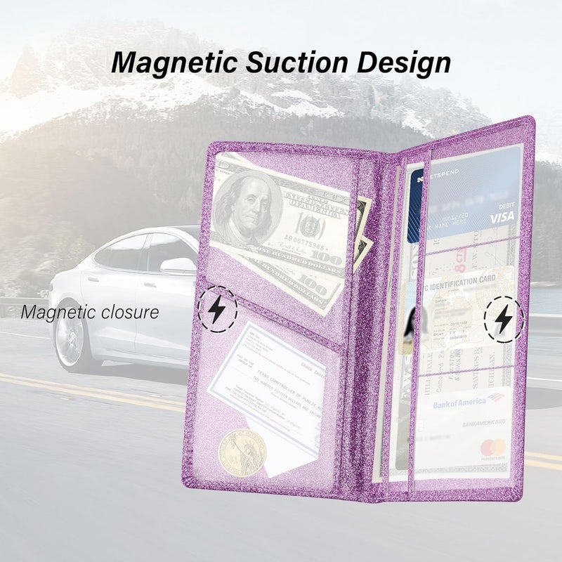 Stacool Bling Car Registration and Insurance Holder with Magnetic Clasp,PU Leather Car Organizers for ID,Bank Cards,Universal Glove Box Organizer (Purple) - Image 5